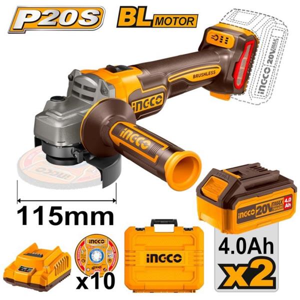 SET SMERIGLIATRICE 20V C/2BATT. 4AH + ACC. 115MM INGCO